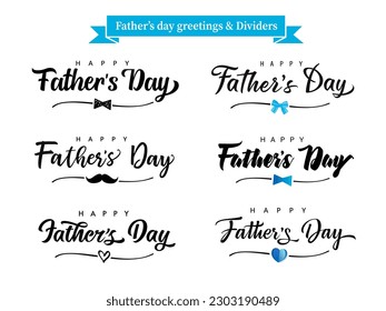 Set of Fathers Day holiday greetings and dividers shape. Happy Father's Day vector design concept with a blue bow, moustache and hearts