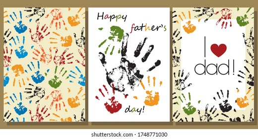 set for the father's day holiday. large and small handprints form the background, postcard and frame. there is space for text. stock vector illustration. EPS 10.