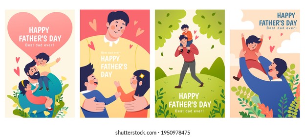 Set of Father's Day illustrations depict dads taking care of their children. Concept of fatherhood, parenting, and childhood in flat design.