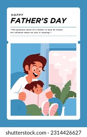 Set of Father's Day illustrations depict dads taking care of their children. Concept of fatherhood, parenting, and childhood in flat design. Social media poster