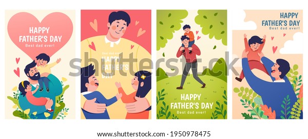 Set of Father\'s Day illustrations depict dads\
taking care of their children. Concept of fatherhood, parenting,\
and childhood in flat\
design.