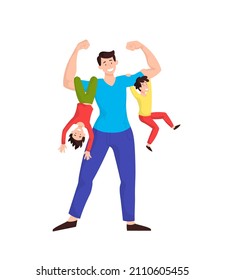 Set of fathers day. Man holds two of his children in his arms. Strong and energetic dad. Fun for sons, happy family, entertainment. Cartoon flat vector illlustration isolated on white background