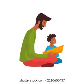 Set of fathers day. Man reading book with his child. Characters resting. Personages for greeting cards. Rest with son, parenthood. Cartoon flat vector illlustration isolated on white background