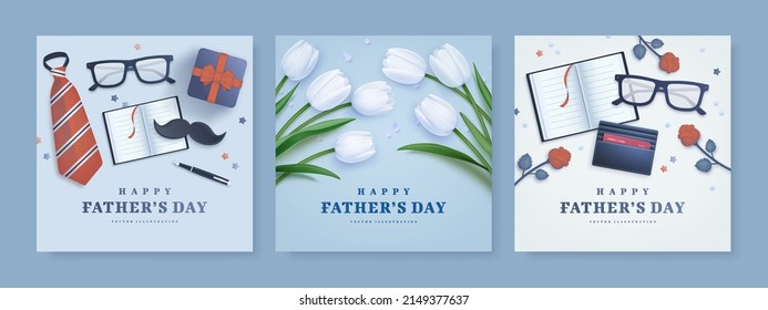 Set of Father's Day poster or banner template with necktie, moustache, notebook, gift box and realistic tulips on blue background