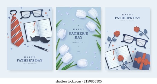 Set of Father's Day poster or banner template with necktie, moustache, notebook, gift box and realistic tulips on blue background