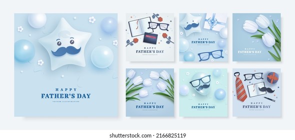 Set of Father's Day poster or banner template with necktie, moustache, notebook, gift box, helium balloons and realistic tulips on blue background