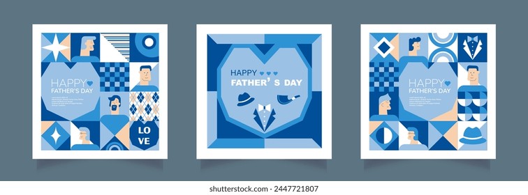 Set of Father's Day poster, greeting card, banner, label, sale promotion template, cover in geometric style. Geometric print, pattern. Vector illustration.	