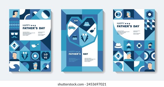 Set of Fathers Day poster, greeting card, banner, label, sale promotion template, cover in geometric style. Geometric print, pattern. Vector illustration.