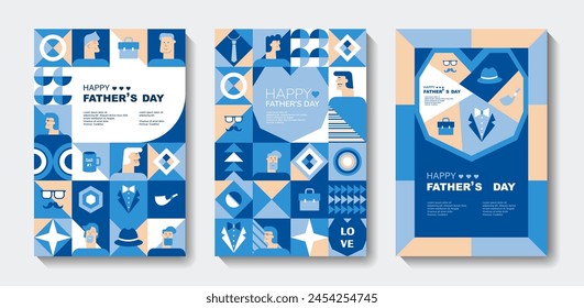 Set of Fathers Day poster, greeting card, banner, label, sale promotion template, cover in geometric style. Geometric print, pattern. Vector illustration.