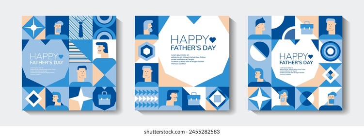 Set of Fathers Day poster, greeting card, banner, label, sale promotion template, cover in geometric style. Geometric print, pattern. Vector illustration.	