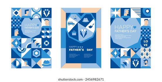 Set of Fathers Day poster, greeting card, banner, label, sale promotion template, cover in geometric style. Geometric print, pattern. Vector illustration.