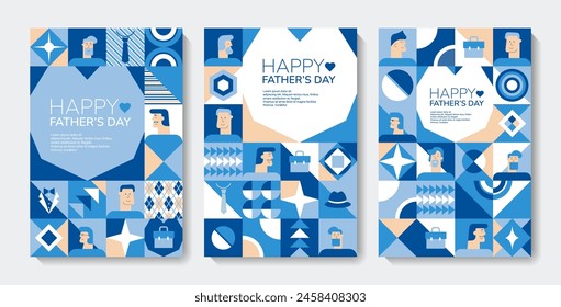 Set of Fathers Day poster, greeting card, banner, label, sale promotion template, cover in geometric style. Geometric print, pattern. Vector illustration.