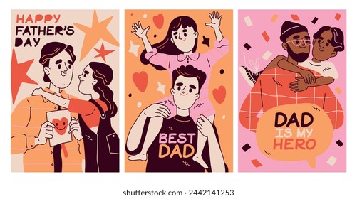 Set of Fathers Day posters. Adorable greeting cards with cute dads taking care of their children. Fatherhood and Parenthood. Fathers with daughters and sons. Cartoon flat vector isolated illustrations