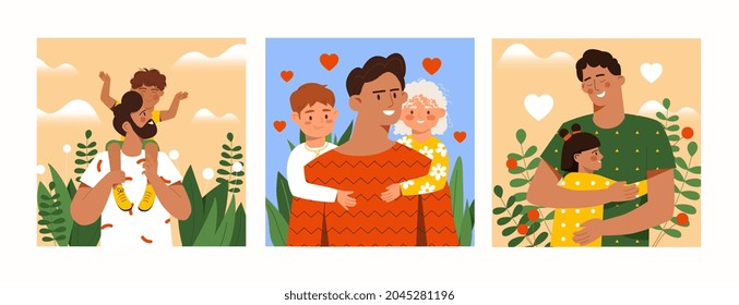 Set of father's day scenes with dads taking care of their children outdoors. Concept of fatherhood, parenting and happy childhood. Happy smiling family members. Flat cartoon vector illustration