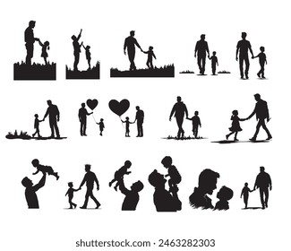 Set of Father's day silhouettes, vector illustration. Happy father's day. dad, son and daughter black silhouettes on white background