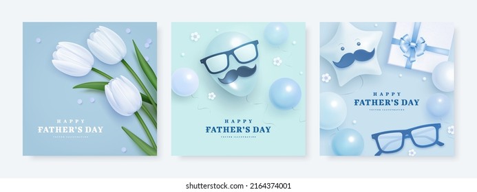 Set of Father's Day square banner or greeting card template with moustache, helium balloons, gift box and realistic tulips on blue background. Vector illustration