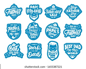 Set of father's day stickers, patches. Blue and white badges, emblems, stamps. Collection of retro logos with hand-drawn text, phrases. Vector illustration Dia Dos Pias - Happy father's day