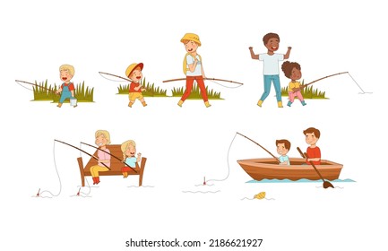 Set of fathers and kids fishing together. Parents and little children catching fish with fishing rods vector illustration