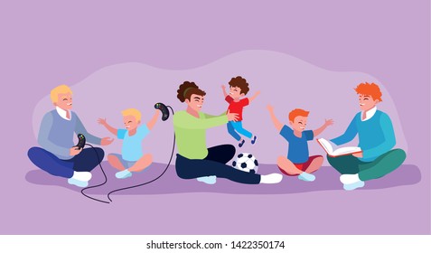 Set of fathers playing with sons design