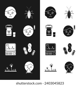 Set Fatigue, Can container for milk, Inflammation face, Cockroach, Monitor with cardiogram, Peanut, Handkerchief his runny nose and Mold icon. Vector