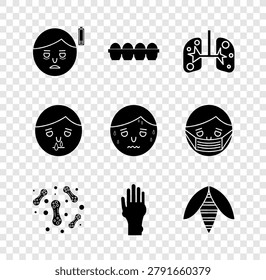 Set Fatigue, Chicken egg in box, Lungs, Bacteria, Hand with psoriasis or eczema, Bee, Runny nose and Man excessive sweating icon. Vector
