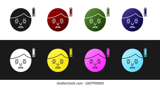 Set Fatigue icon isolated on black and white background. No energy. Stress symptom. Negative space.  Vector Illustration