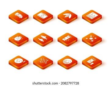 Set Fatigue, Medicine pill or tablet, Parasite mite, Fish, Face protective mask, bottle and pills, Can container for milk and Bacteria icon. Vector