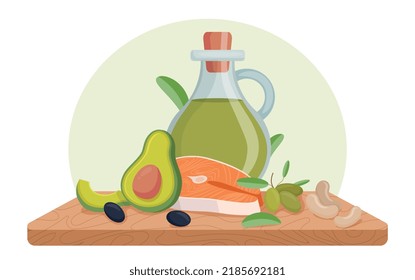 Set of fats food. Collection of natural and organic products. Meat, avocadol and olive oil. Tasty and healthy food, health care and balanced nutrition, proper diet. Cartoon flat vector illustration