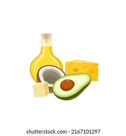 Set of fats food in vector cartoon style. Oil, avocado, coconut, butter cheese. Vector illustration of food high in fats. Composition of healthy fats. 