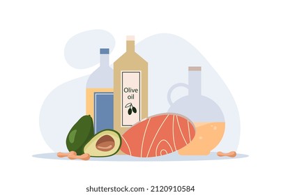 Set of fats. Useful trace elements for cooking. Vitamins and proper diet. Taking care of your health, losing weight and gaining mass. Olive oil, avocado and seeds. Cartoon flat vector illustration