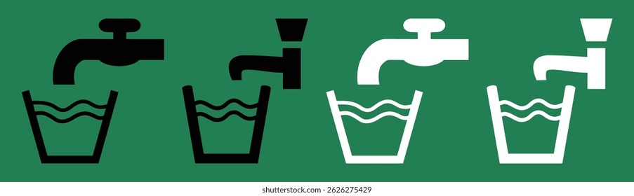 Conjunto de torneira e ícones de água potável em preto e branco sobre fundo verde. Estilo de vetor plano, adequado para água limpa, encanamento, utilidade, segurança da água potável e uso infográfico.