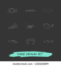 Set of fauna icons line style symbols with sardine, mackerel, crab and other icons for your web mobile app logo design.
