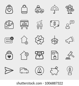 set of favorite bag, baggage, travel, umbrella, road sign, mail, stats, dollar, chat, download file, add house, law hammer, lock, phone, van, piggy bank, security, idea, box, property vector icon
