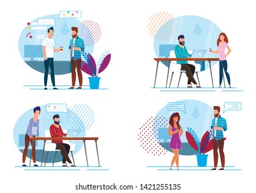 Set Favorite Coffee Break Vector Illustration. Employees Communicate and Drink Coffee While Working. Coffee Break Stimulates Productivity During Work Day. Morning Aroma Relax Cartoon Flat.