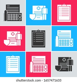 Set Fax Machine, Medical Clipboard With Clinical Record And Clipboard With Checklist Icon. Vector