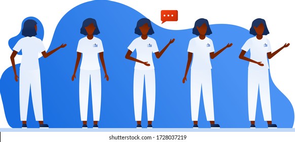 Set of feamle doctor or nurse talking. Medical staff team in uniform. Flat vector illustration. Healthcare, telemedicine. Students, interns.  Therapist, infection disease physician, gynecologist.