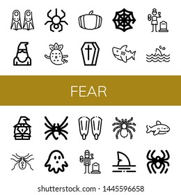 Set of fear icons such as Fins, Executioner, Spider, Ghost, Pumpkin, Coffin, Spider web, Shark, Widow, Witch, Black widow, Haunted house, Widower, Tarantula , fear
