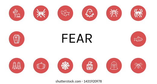 Set of fear icons such as Widow, Black widow, Shark, Haunted house, Tarantula, Spider, Fins, Pumpkin, Spider web, Witch, Executioner, Coffin , fear