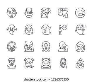 Set of fear Related Vector Line Icons. Includes such Icons as nervous, scared, nightmares, Ghost, monsters, stress and more. - vector