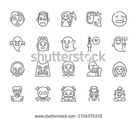 Set of fear Related Vector Line Icons. Includes such Icons as nervous, scared, nightmares, Ghost, monsters, stress and more. - vector
