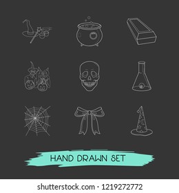Set of feast icons line style symbols with festive bow, coffin, skull and other icons for your web mobile app logo design.