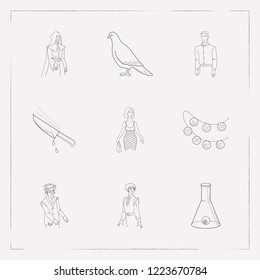 Set of feast icons line style symbols with chopping knife with blood, flask with eyeball, dove and other icons for your web mobile app logo design.
