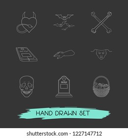 Set of feast icons line style symbols with tombstone, angry mask, evil heart and other icons for your web mobile app logo design.