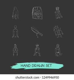 Set of feast icons line style symbols with gift sack, chopping knife with blood, ghost and other icons for your web mobile app logo design.