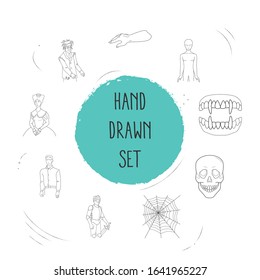 Set of feast icons line style symbols with princess, skull, dead man hand icons for your web mobile app logo design.