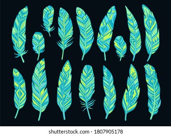 Establece una decoración abstracta y aislada de plumas. Estilo rústico boho. Ilustración vectorial.