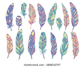 Set feather abstract isolated decoration. Boho rustic style. Vector illustration.