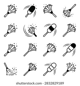 Set of feather duster and cleaning tool icons.