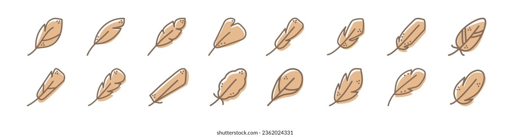 Set of feather icon vintage. Vector illustration isolated on white background. Logo, sign, symbol, pen line. Beige.