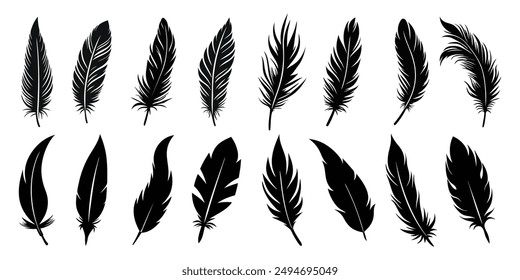 Set of feather icons. Black feather silhouettes vector art illustration with a white background